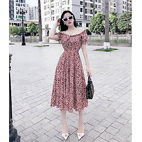 Đầm xoè lụa hoạ tiết hoa trễ vai tay phồng duyên dáng