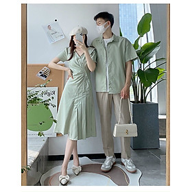 Set áo đôi sơ mi đầm xòe xếp ly màu xanh ngọc dành cho couple phong cách Hàn Quốc