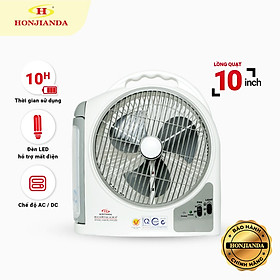 Quạt Sạc Tích Điện Dạng Hộp AC&DC 10 inch Honjianda FL213 loại 2 bình có đèn LED - Hàng Chính Hãng