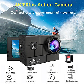 Camera hành động Ultra HD 4K 60fps WiFi 2.0 inch 170d dưới nước dưới nước Video Ghi lại máy ảnh Sport Cam Điều khiển điều khiển từ xa: Đen