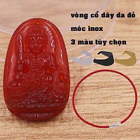 Mặt dây chuyền Văn thù bồ tát mã não đỏ 3.6 cm kèm vòng cổ dây da đỏ, Phật bản mệnh, mặt dây chuyền phong thủy