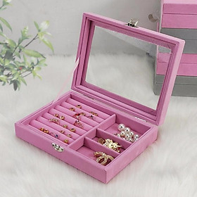 Hộp đựng trang sức bọc nhung kính trong suốt nhiều ngăn (size 20x15x 5cm)