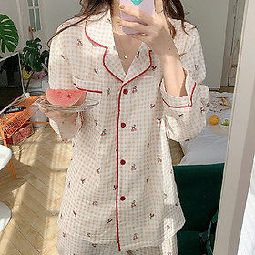 Bộ Pijama Nữ Bộ Ngủ Mặc Nhà Nữ Dài Tay Thu Đông Họa Tiết Bánh Bèo Sợi Tơ Sữa Mềm Mịn