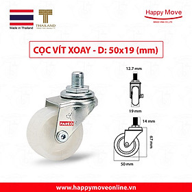 Bánh xe đẩy nylon tải nhẹ cọc vít xoay 360 độ - 50-65-75mm - Happy Move Thái Lan