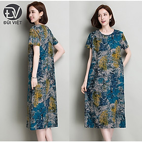 Đầm trung niên nữ vải linen dáng dài cổ tròn Đũi Việt DV45