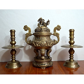 Mua Bộ đỉnh thờ cúng cao 60cm đồng hun giả cổ(Đỉnh + đôi chân nến)