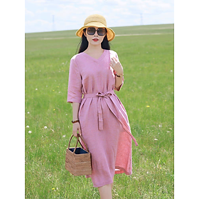 Đầm linen dáng suông, váy linen nữ cổ tim ngắn tay trơn basic, chất liệu linen mềm mát mặc hè Đũi Việt