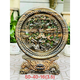 Đĩa điêu khắc tứ linh , trang trí phong thủy hút tài lộc bằng gỗ mun hoa kt mặt rộng 40cao 50 ×16cm