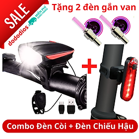 combo Đèn xe đạp thể thao siêu sáng có còi pin sạc chống nước + Đèn chiếu hậu cảnh báo TẶNG 2 ĐÈN GẮN VAN XE