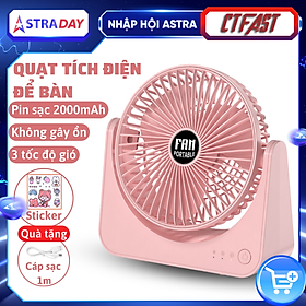 Quạt tích điện để bàn CTFAST F101, quạt mini văn phòng không gây ồn, 3 tốc độ gió, điều chỉnh 270 độ, tặng kèm sticker trang trí, sạc USB - Hàng chính hãng