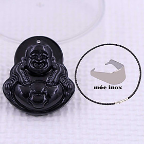 Mặt Phật Di lặc đá đen 4.3 cm kèm vòng cổ dây da đen + móc inox trắng, mặt dây chuyền Phật cười