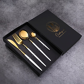 Bộ 4 Món Dao Nĩa Muỗng Đũa Nnox 304 Mạ Vàng Kèm Hộp SIêu Xịn - Hàng Loại 1- Chính Hãng MINIIN