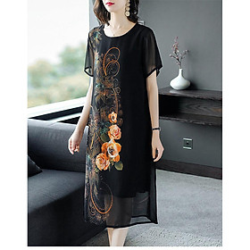Đầm Suông Voan Nữ Đẹp In Họa Tiết Liên Hoa Kiểu Đầm Suông Thời Trang Trung Niên Cho Người Mập Từ 53-78Kg ROMI 3226