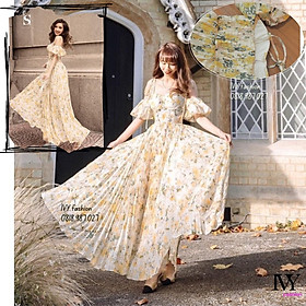 Đầm váy maxi lụa hoa dập ly trễ vai suông dài nude kem đi biển dự tiệc dạo phố bigsize gợi cảm sexy