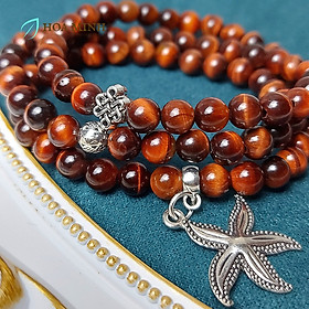 Vòng tay phong thủy Mắt Hổ Nâu Đỏ 6 li quấn 3 mix Charm bạc ngôi sao biển cát tường tài lộc hợp mệnh Hỏa Thổ
