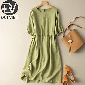 Đầm dáng suông cổ tròn dập ly ngắn tay bo chun, Váy linen suông dài phong cách retro Đũi Việt DV188