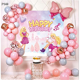 Set trang trí sinh nhật thôi nôi mẫu poster hình 2 cô gái tóc vàng và bong bóng nơ kèm ống bơm tay - Happy Birthday
