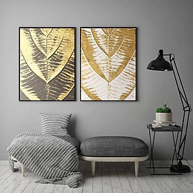 Tranh canvas decor gân lá vàng kt:50x70cmx 2 bức