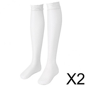 2xWomen Fishnet Lace Top Mesh Thigh High Stockings Long Socks White