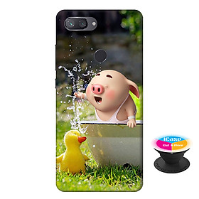 Ốp lưng nhựa dẻo dành cho Xiaomi Mi 8 Lite in hình Heo Con Nghịch Nước - Tặng Popsocket in logo iCase - Hàng Chính Hãng