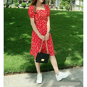 Đầm hoa cổ vuông tay nhún