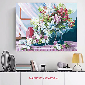 Tranh sơn dầu số hóa tô màu theo số Tranh lọ hoa đón nắng sớm bên cửa sổ mã BH0332