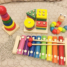 Bộ đồ chơi gỗ cho bé gồm 4 món GT ( Đàn gỗ, tháp cầu vồng, sâu gỗ, trụ 4 cọc)