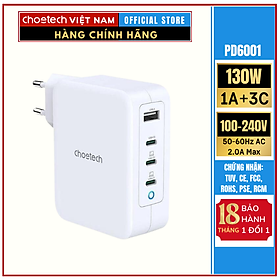 Mua Bộ sạc đầu ra 130W 1A+3C (US/EU/UK/AU) Choetech mã PD6001-EU ( HÀNG CHÍNH HÃNG)