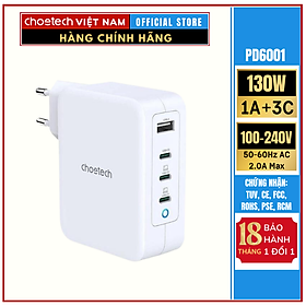 Củ sạc siêu nhanh 130w 3 USB C+ 1 USB A Choetech PD6001- Hàng chính hãng