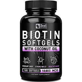 Pure Biotin 10000mcg + Organic Coconut Oil (180 Softgels | 10,000mcg) 6 Month Supply Biotin Supplement for Hair Growth + Skin and Nail Growth - Biotin Pills Hair Nails and Skin Vitamins for Women &Men