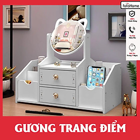 Tủ Để Đồ Trang Điểm Mini 2 Ngăn Kéo, 4 Hóc Đựng Cọ Có Gương Tai Mèo Bằng Nhựa - Hàng chính hãng