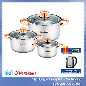 Bộ 3 nồi inox 4 đáy Nagakawa NAG1306 (16cm, 20cm, 24cm) - Quai mạ vàng - Dùng trên mọi loại bếp - Hàng Chính Hãng