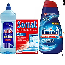 Combo Nước rửa bát finish 650ml + muối Somat 1.2kg + Nước làm bóng alio 1