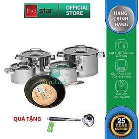 Bộ nồi và chảo chống dính vân đá inox 304 cao cấp Fivestar Plus 5 món nắp kính , tặng 1 vá canh