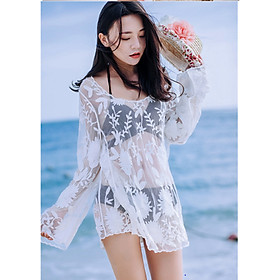 Áo ren đi biển thêu hoa nổi thời trang, áo lưới đi biển tay dài cao cấp