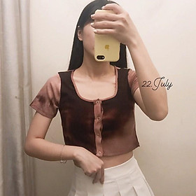 Áo Croptop cổ U màu loang mùa hạ style Cá tính + vintage, nút bấm tháo được