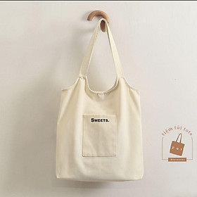 Túi đeo vai vải canvas in chữ SWEETS. đựng vừa laptop 14 inch có nút bấm và túi ngoài TP19 | tiemtuitotebypat
