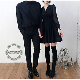 Set áo đầm đôi tình nhân đồ cặp áo sơ mi nam đầm xòe nữ tay dài màu đen phpng cách Hàn Quốc đi biển đi chơi chụp hình cưới cao cấp - Smice House
