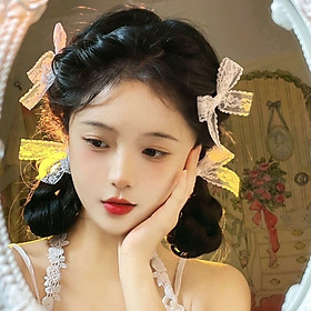 Sét 4 ￼Kẹp Tóc Nơ Phong Cách Lolita Vải Ren Cao Cấp Hàn Quốc