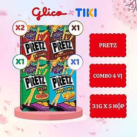 Bánh que nướng giòn 4 vị GLICO Pretz (Combo 5 hộp - 2 Khoai tây 1 BBQ Gà 1 Pizza 1 Bắp)