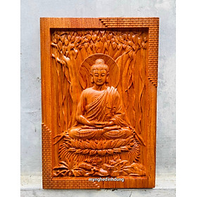 Tranh điêu khắc phật thích ca mẫu ni gỗ hương đá kt 46×67×4cm