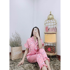 Đồ bộ ngủ Pijama mặc nhà Lụa Gấm tay ngắn quần dài - dài cộc phối bèo họa tiết dưới 62kg cho bạn nữ cực xinh và dễ thương