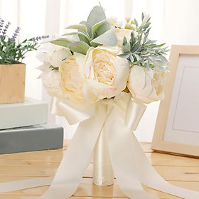 White Silk Peony Cascading Bride Wedding Bouquets for Wedding Ceremony, Festivals, Bridal Shower, Rehearsal Dinner Vivid Looking Decorative