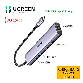 Ugreen 15495 USB type C sang 2 x USB 2.0 + 1 x USB 3.0 + 1 x HDMI 4K30Hz + 1 x USB-C PD 100W Bộ chuyển Màu Xám CM478 20015495 - Hàng chính hãng