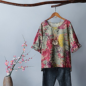 Women Vintage Plus Size Loose Blouse Half Sleeved Printed Retro Holiday T-Shirts Casual Tops S-5XL