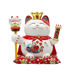 Mua MÈO THẦN TÀI  MÈO MAY MẮN MANEKI NEKO ĐỘI VƯƠNG MIỆN VẪY TAY CAO 21.5CM