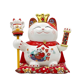 MÈO THẦN TÀI, MÈO MAY MẮN MANEKI NEKO ĐỘI VƯƠNG MIỆN VẪY TAY CAO 21.5CM