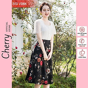 Váy hoa nhí công sở thiết kế liền thân chân váy dáng xòe, đầm nữ phối hoa đẹp Cherry Store V044