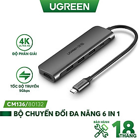 Bộ Chuyển USB C 6 in 1 UGREEN 80132 USB C to 3 USB 3.0+HDMI 4K + Audio 3.5mm hỗ trợ Mic + PD 100W hàng chính hãng