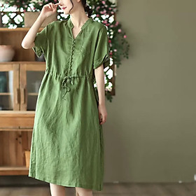 Đầm Váy midi linen sơ mi nữ cổ V, ngắn tay thời trang hè , phù hợp mặc đi chơi, đi làm ARCTIC HUNTER AH171